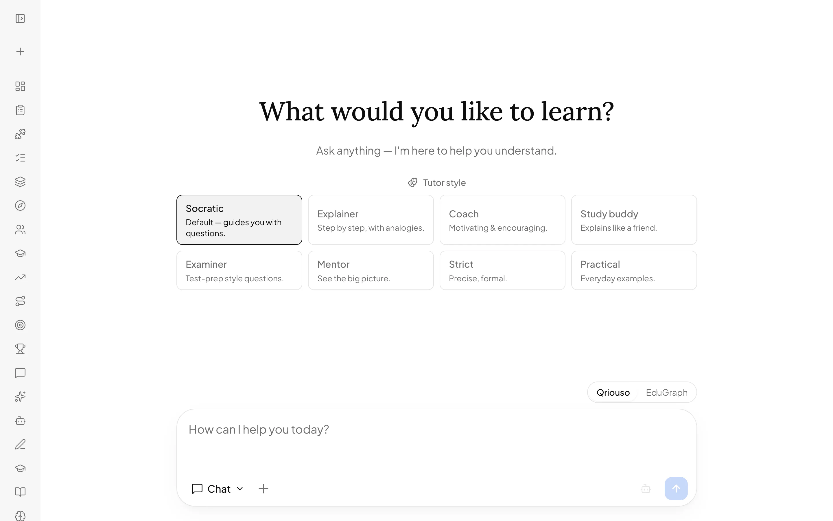 Student home screen with eight tutor-style chips from Socratic to Practical, a dual-engine toggle, and a chat input asking what the student would like to learn.