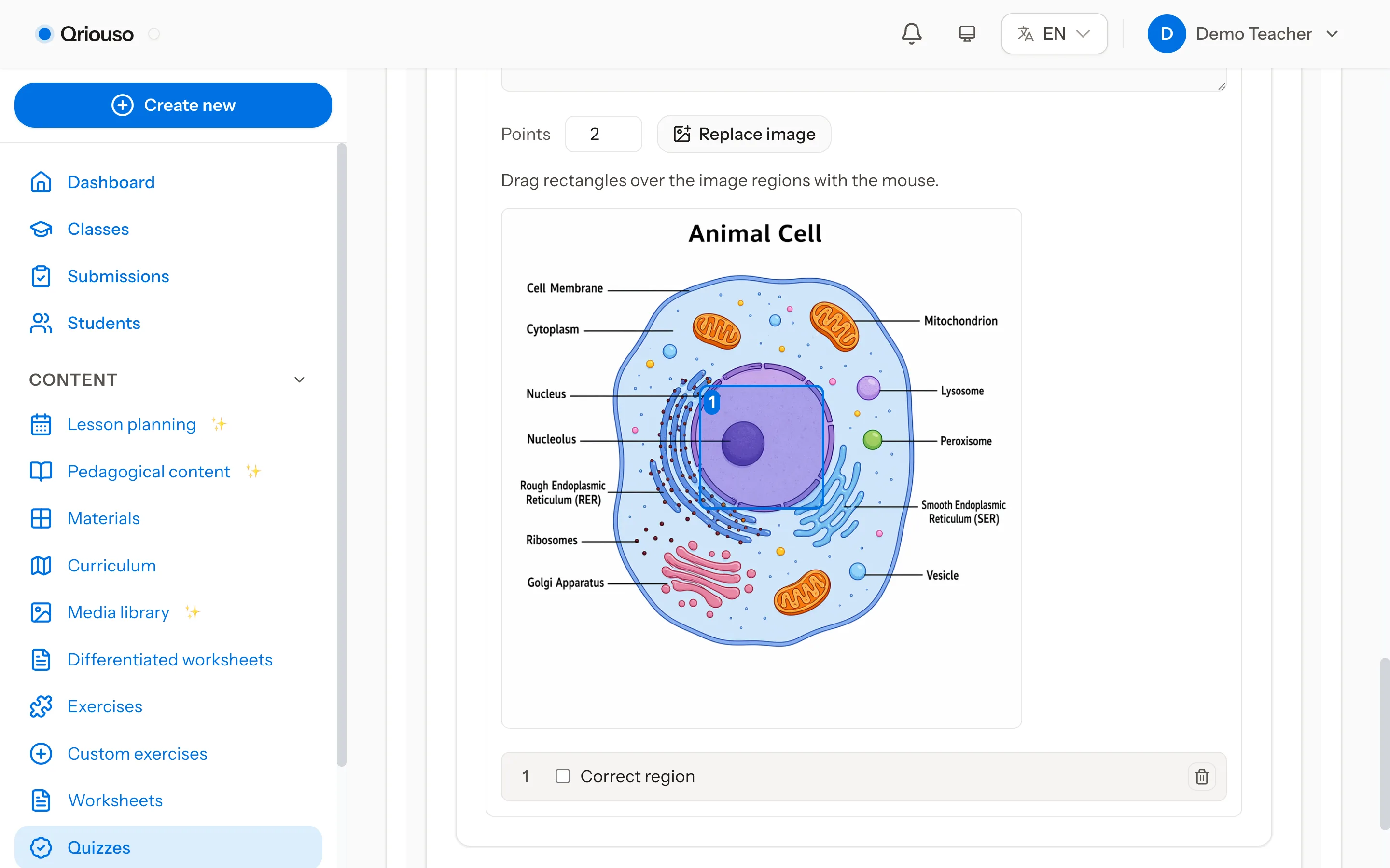 Quiz-builder question editor with an AI-generated animal-cell diagram and a rectangle drawn over the nucleus as the correct hotspot region.
