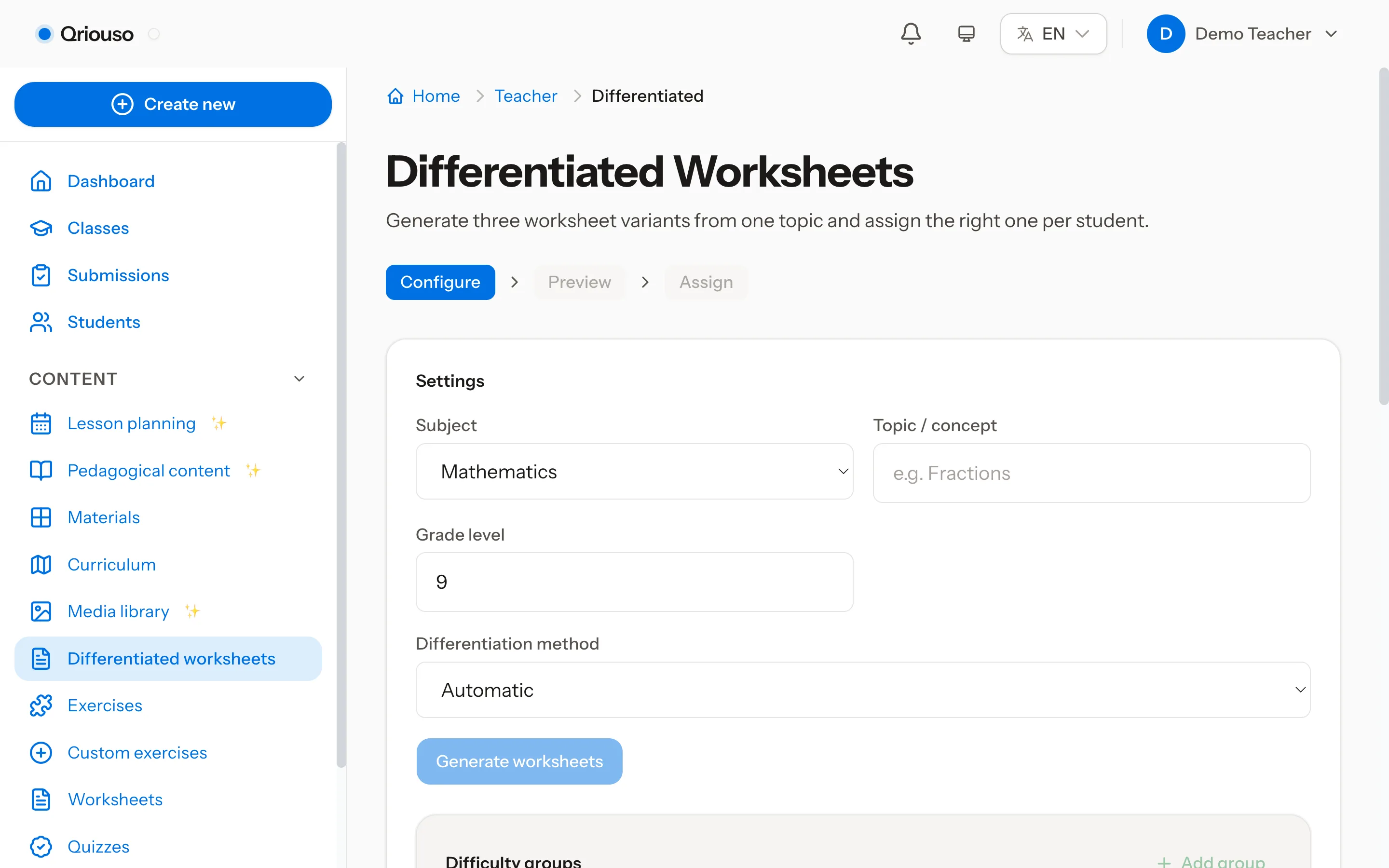 Differentiated-worksheets page with a configure-preview-assign stepper and settings for subject, topic, grade level, differentiation method, and difficulty groups.